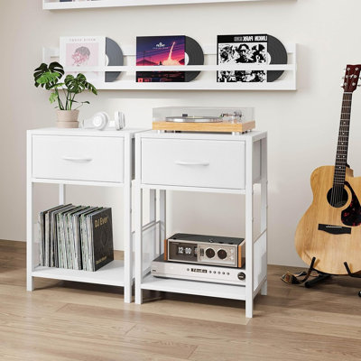 Ensemble de 2 tables de chevet blanches avec tiroirs en tissu, tables d'appoint compactes pour la chambre à coucher, tables de chevet gain de place