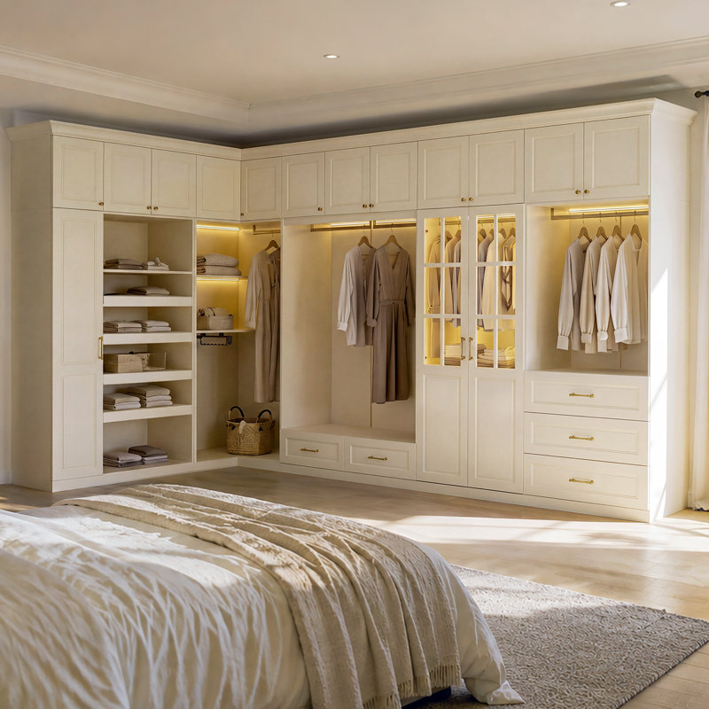 Système de garde-robe modulaire avec éclairage à DEL, tiroirs, tablettes, tringles suspendues et rangement pour chaussures, blanc