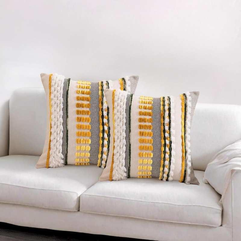 Boho Throw Pillow Covers  Set Of 2,  Chenille Tufted Farmhouse Striped Chic Modern Art Square Decorative Couch Pillowcases For Home Decor Bedroom Sofa Living Room