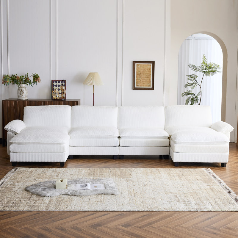Latitude Run® 4-Seat Sectionals With 2 Ottoman, Cream Corduroy