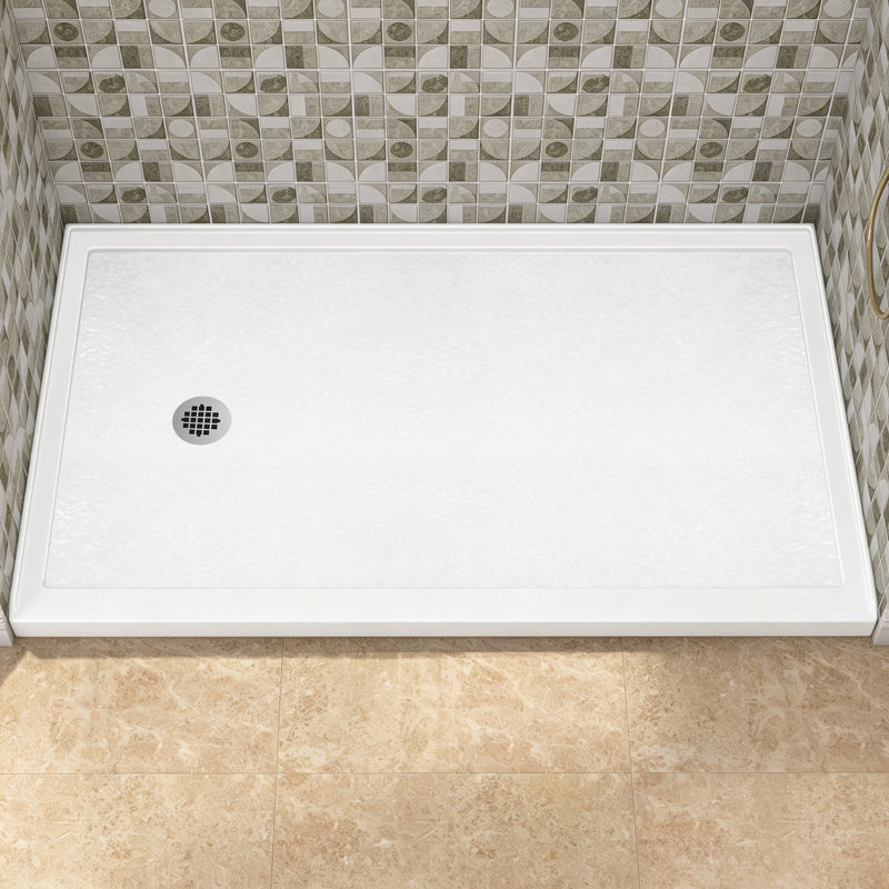 Base de douche rectangulaire en alcôve en acrylique l 60 po x P 36 po avec plateau de douche rectangulaire à seuil simple blanc brillant avec drain à gauche et jupe à 4 côtés