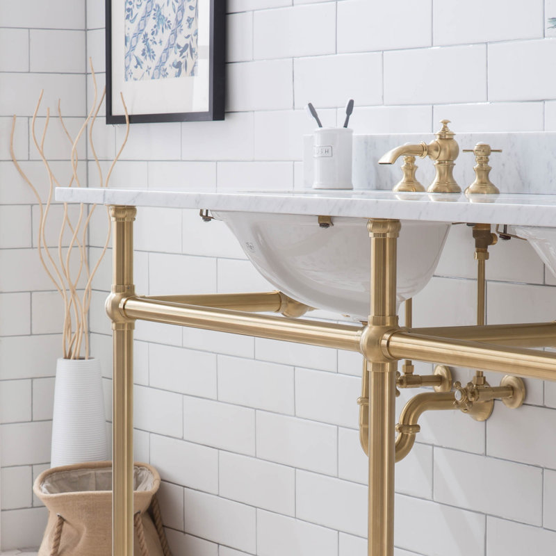 Embassy Stone Oval Console Bathroom Sink with Faucet and Overflow, Satin Brass