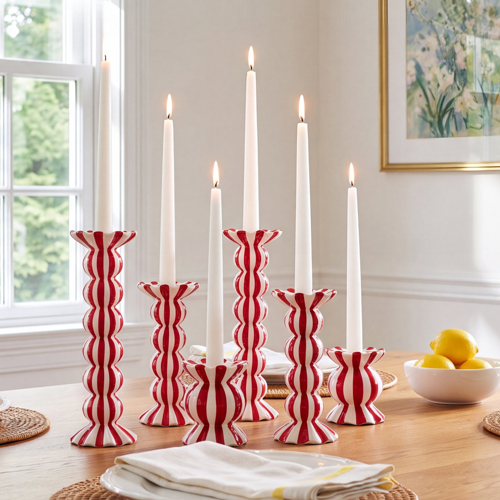 Red Stripe Ruffle 6-Piece Candlestick Set