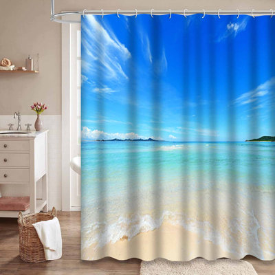 Summer Sky Beautiful Beach Clean Blue Shower Curtain with 12 Hooks