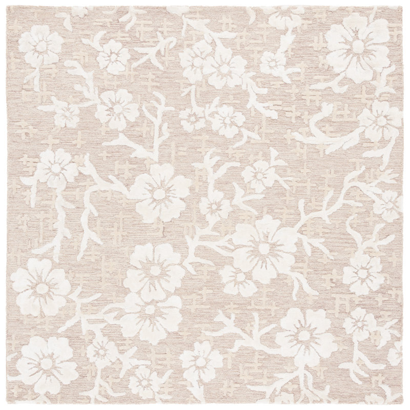 Dhiren Hand Tufted Wool/Viscose/Cotton Floral Rug in Ivory/Beige, Square 6'