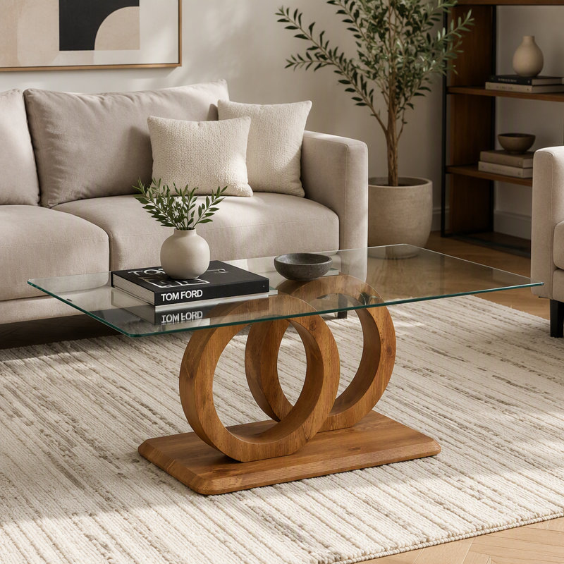 Une table basse rectangulaire moderne et tendance avec un plateau en verre trempé et des pieds en grain de bois. Convient au salon: 47,2 po x 25,4 po x 17,9 po