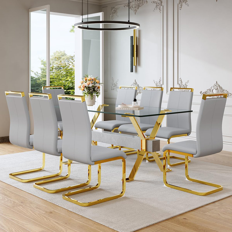 Table de salle à manger 71 "en verre pour 6 personnes, table de salle à manger moderne pour 6 personnes avec chaises en similicuir