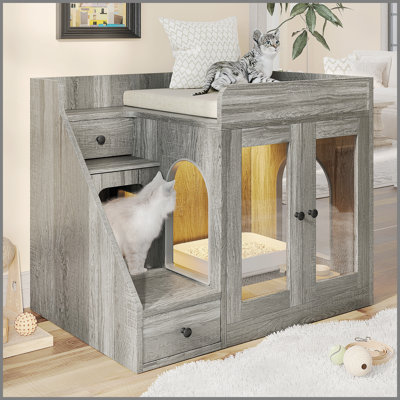 Cat Litter Box Enclosure with Light , Hidden Litter Box Furniture with 2 Storage Drawers, Indoor Cat House Side Table for Living Room, Grey