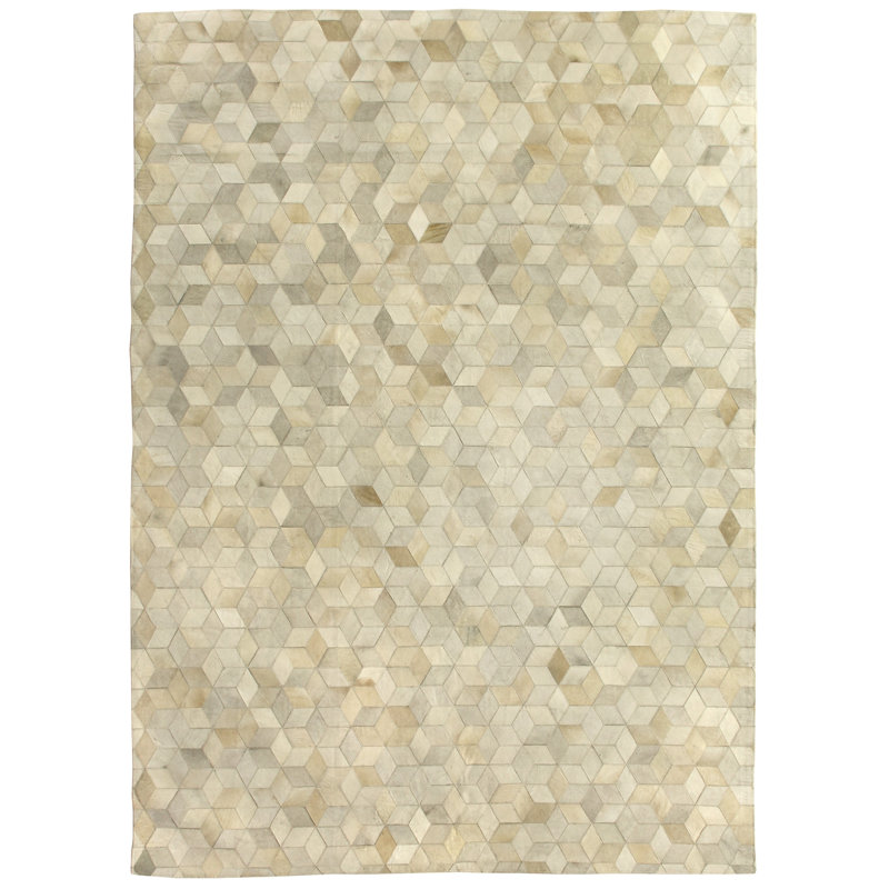 Natural Hide Cowhide Geometric Area Rug in Ivory, Rectangle 5' x 8'
