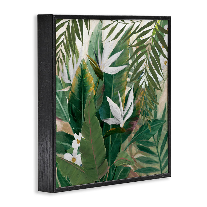 Oiseaux tropicaux du paradis, estampe numérique par Nan, H 24 po x l 24 po x P 1,5 po, Giclée encadrée noir minuit