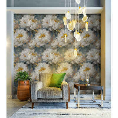 Papier peint floral pivoines blanches et dorées pelez et collez