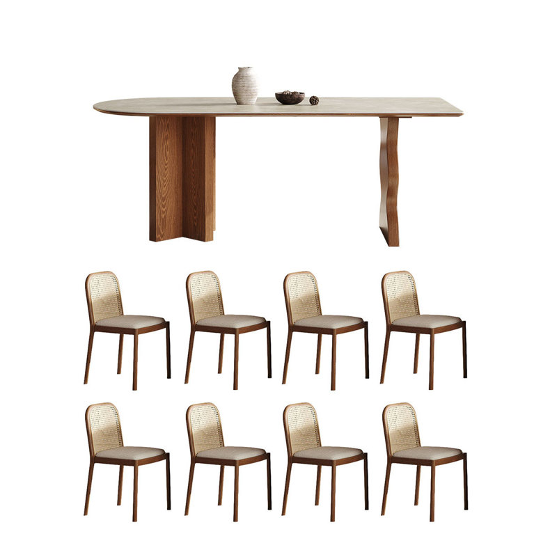 Matte rock plate semi-oval dining table set