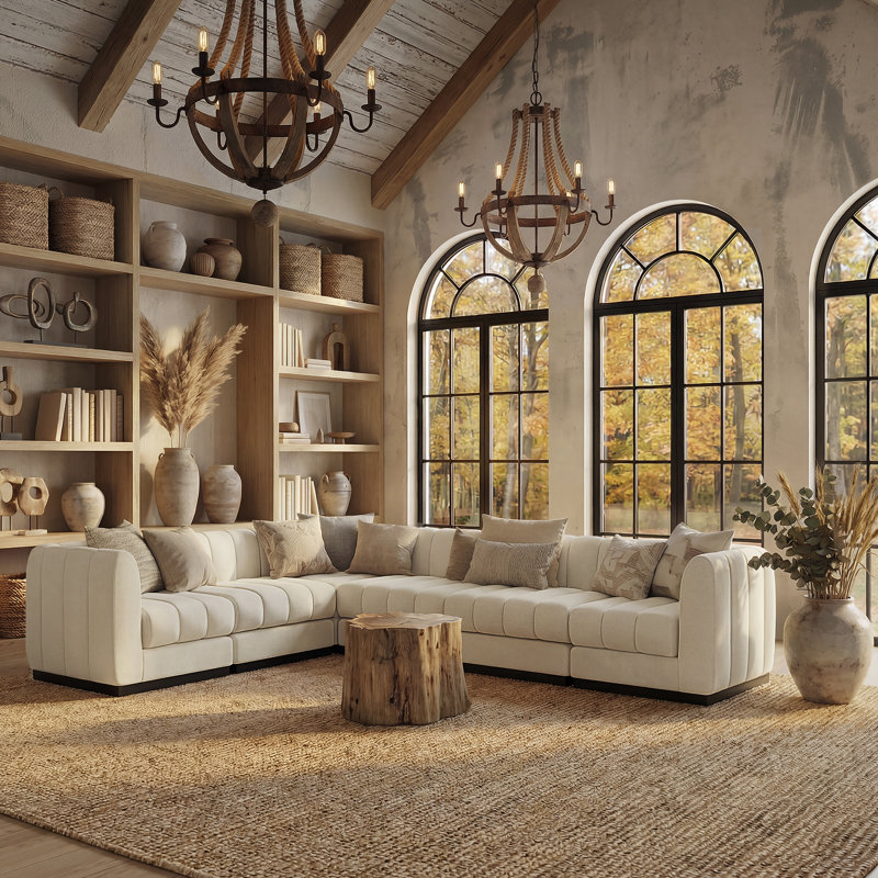 Myrhn 6-Piece Chenille Modular Sectional, Large L-Shaped Deep Seat Sofa With Wood Base, Beige Chenille