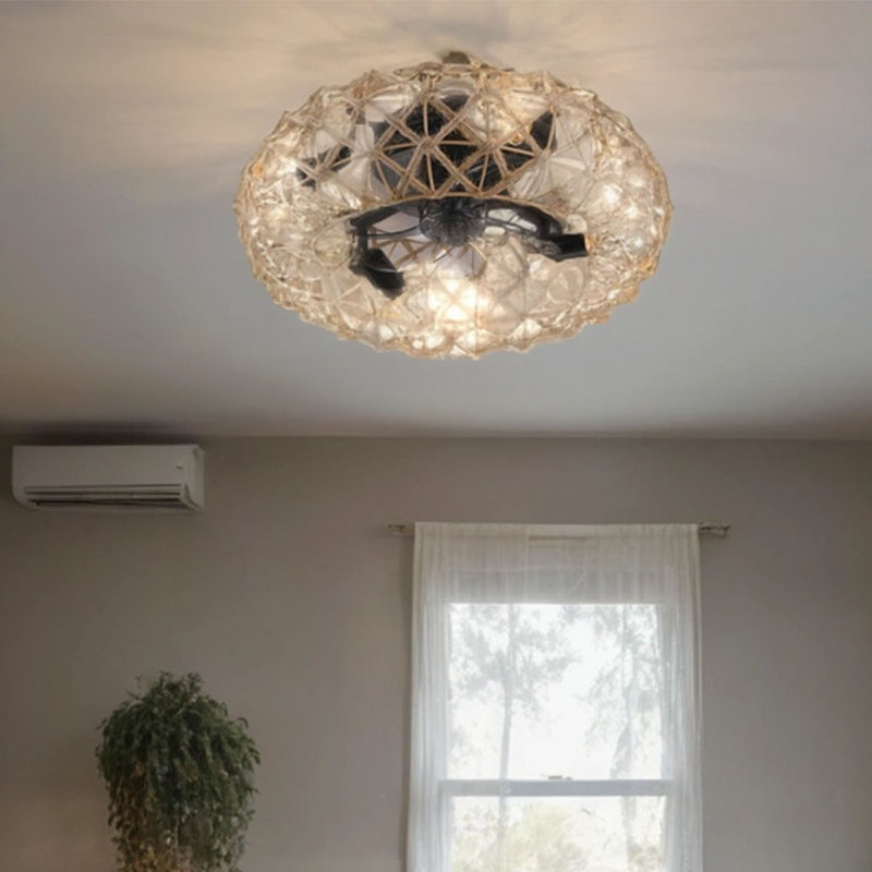Ceiling-mounted Jute Rope Fan Light Strip with 4 Bulbs, Dimmable, 7 Dlades, Reversible DC Motor