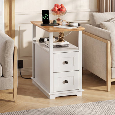 End Table With Charging Station, Narrow Side Table For Living Room, Farmhouse Night Stand With Storage, Small Wooden Cabinet With USB Ports And Outlets For Living Room And Bedroom