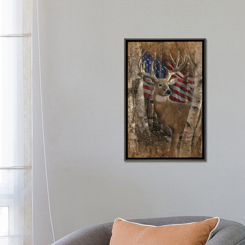 Whitetail Buck America par Collin-gris-impression d’art graphique, Toile encadrée de bois rustique foncé, Pas de tapis