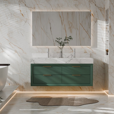  Ensemble de meuble-lavabo mural double 48 po avec lumière DEL et 6 tiroirs à fermeture en douceur Melora