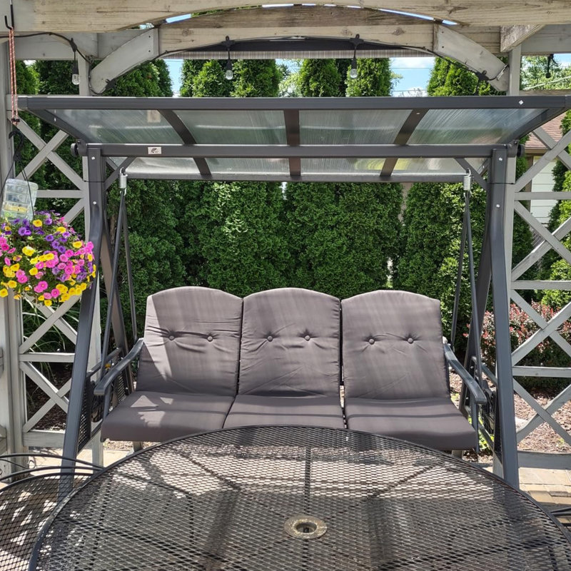 Grande balancelle 3 places avec support avec auvent réglable en PVC, coussins et oreiller inclus, gris