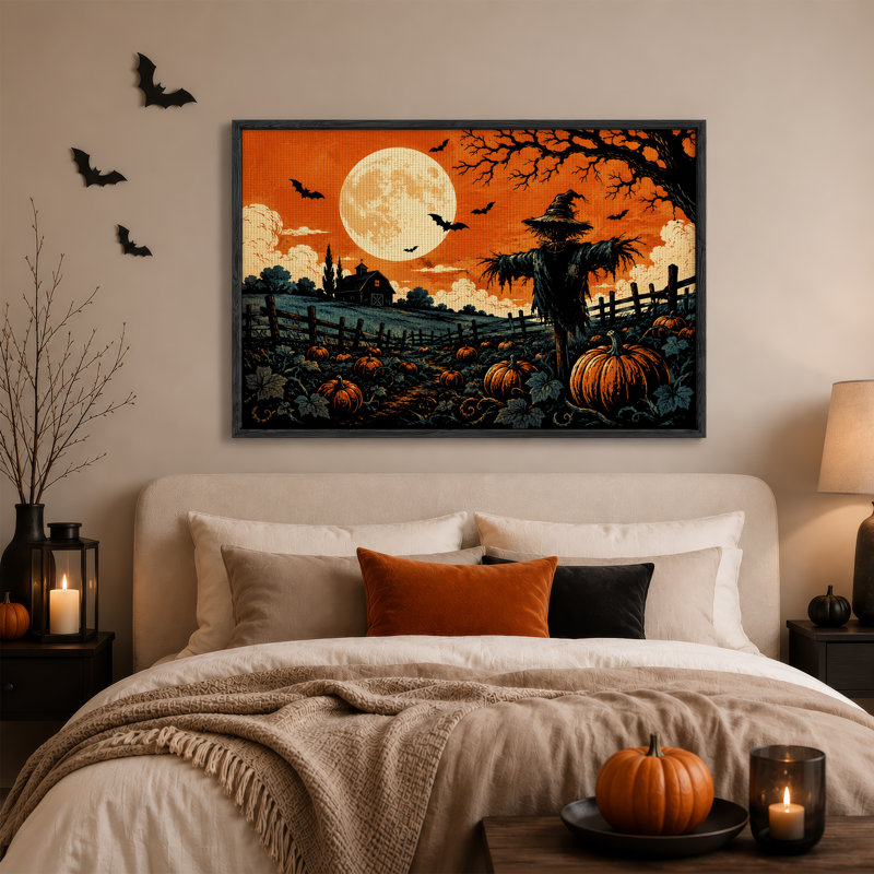 Toile orange citrouille orange avec épouvantail et pleine lune, H 18 po x l 24 po