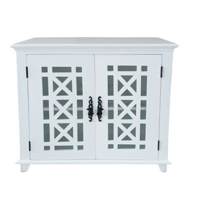 Commode en bois massif peint en blanc avec porte en verre et tablette intérieure, convenant à une armoire de style salon Mid-Century