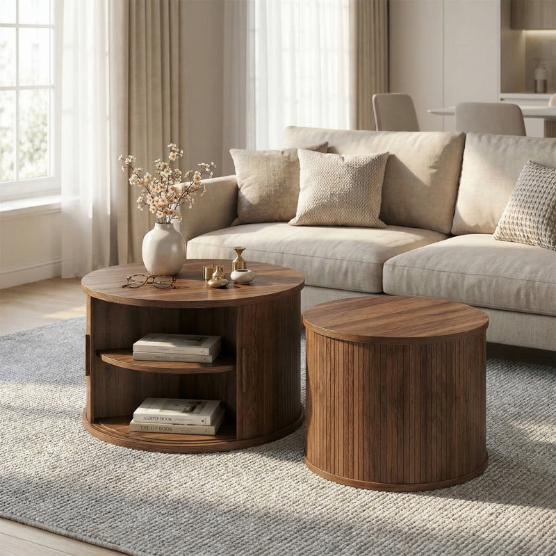 Ensemble de tables basses 2 pièces de style Mid-Century moderne avec décor cannelé et rangement caché, peu encombrant pour les petits salons, noyer