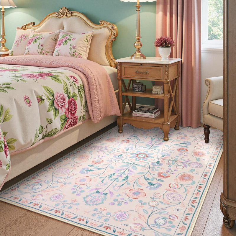  Floral Washable Area Rug Non-Slip Stain Resistant Low-Pile Boho Large Indoor Throw Carpet, Rectangle 5' x 7'