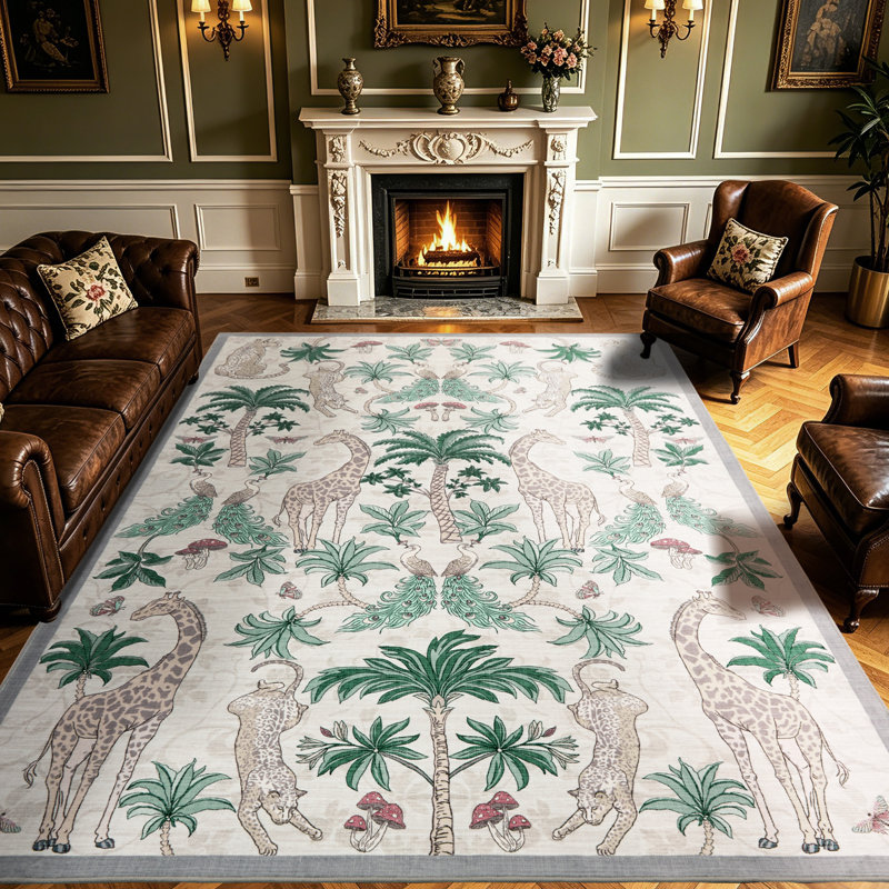 Tapis lavable à motif botanique tropical, Beige, Rectangle 9 pi x 12 pi