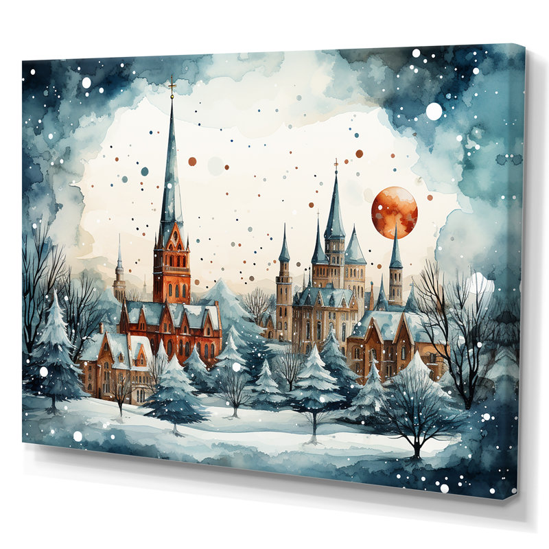 «Christmas Village In Winter II - Winter Landscape», art mural, Toile tendue, H 24 po x l 32 po x P 1 po