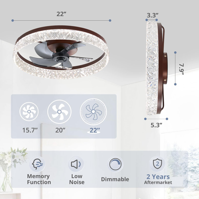 22 inch Modern Ceiling Fans with Lights and Remote, Black, Brown