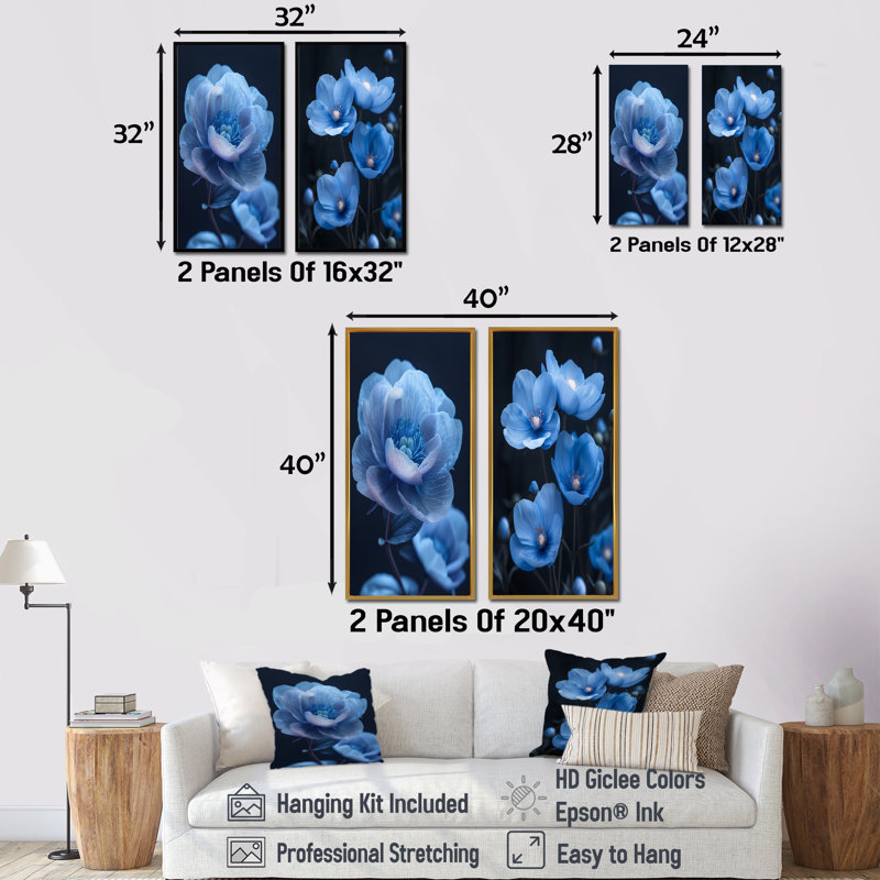 Ensemble de 2 pivoines bleues et noires Noirurnal Nirvana I - pivoines, H 28 po x l 24 po, Impression encadrée, Argent argent
