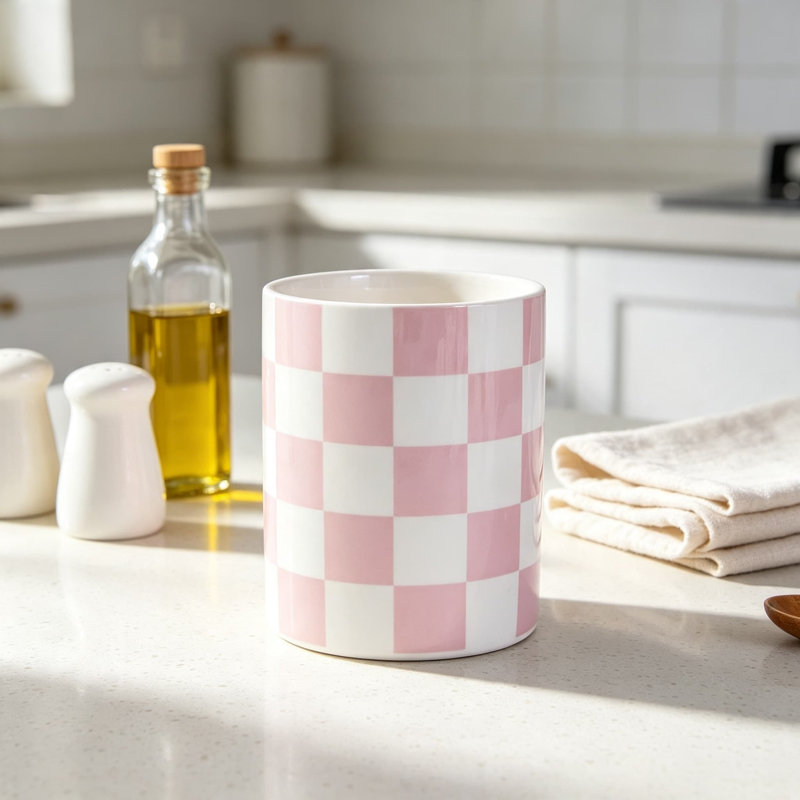 Porte-ustensiles de cuisine en céramique à carreaux pour comptoir, pot à ustensiles de cuisine rétro de style campagnard, organisateur de cuisine robuste et rangement polyvalent, cadeau de pendaison de crémaillère et accessoire de décoration intérieure