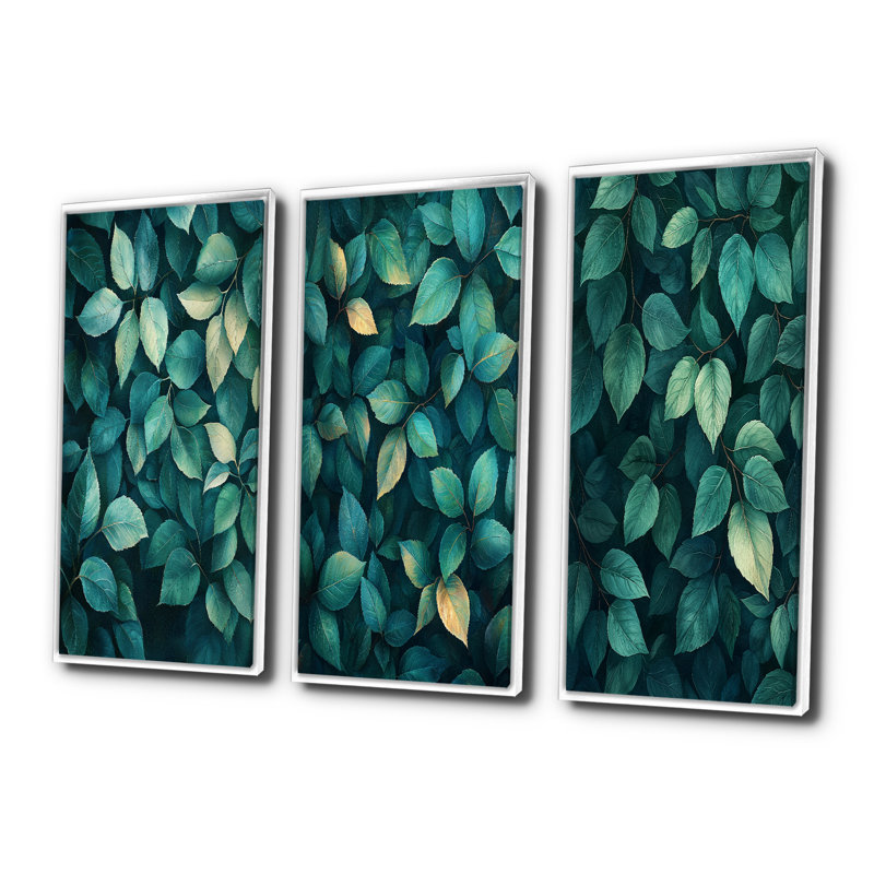 Emerald Green Leaves Lush Layers I - Collection d'impressions sur toile traditionnelles jaunes, 32" H x 48" W, White