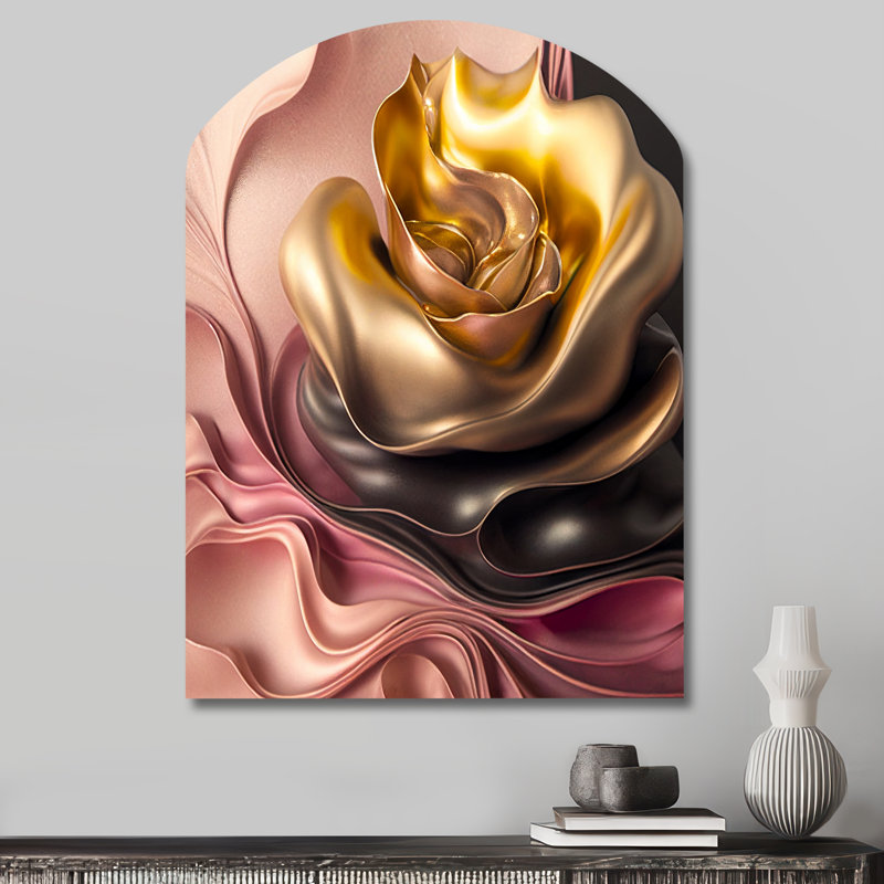 Fleurs glamour élégantes en or et taupe I - art mural asymétrique en forme d'arche florale, H 34 po x l 25 po