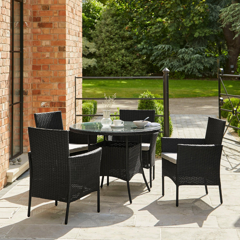 Dubose 4 Seater Rattan Round Dining Set with Grey LED Premium Parasol & Parasol Rain Cover - Black, Black