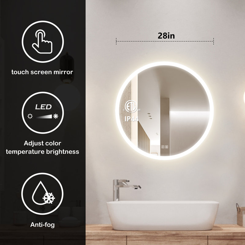 Miroir de salle de bain rond Naliyah, 28 po x 28 po