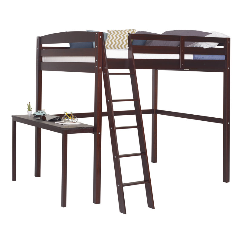 Mallika Kids Solid Wood Loft Bed with Built-In Desk, Cappuccino, Full