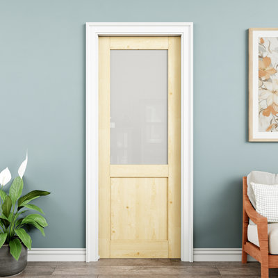 Porte intérieure à deux poches 48 po x 80 po en bois de pin et verre givré demi-Lite, bois de pin naturel, plaque de porte en verre trempé avec intimité, peint et imperméable