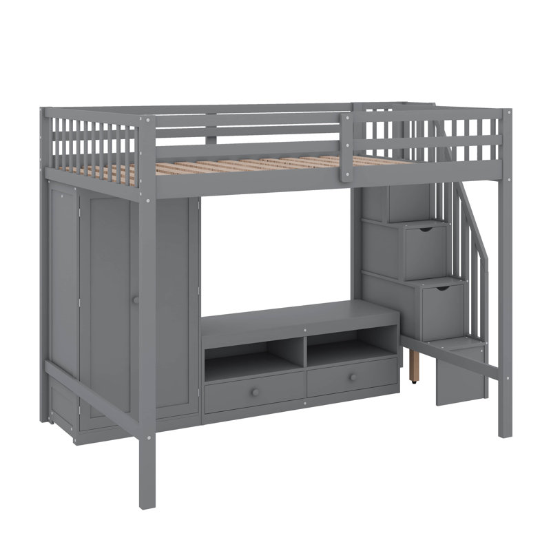 Une base de lit mezzanine pleine grandeur avec garde-robe intégrée et escalier de rangement, gris