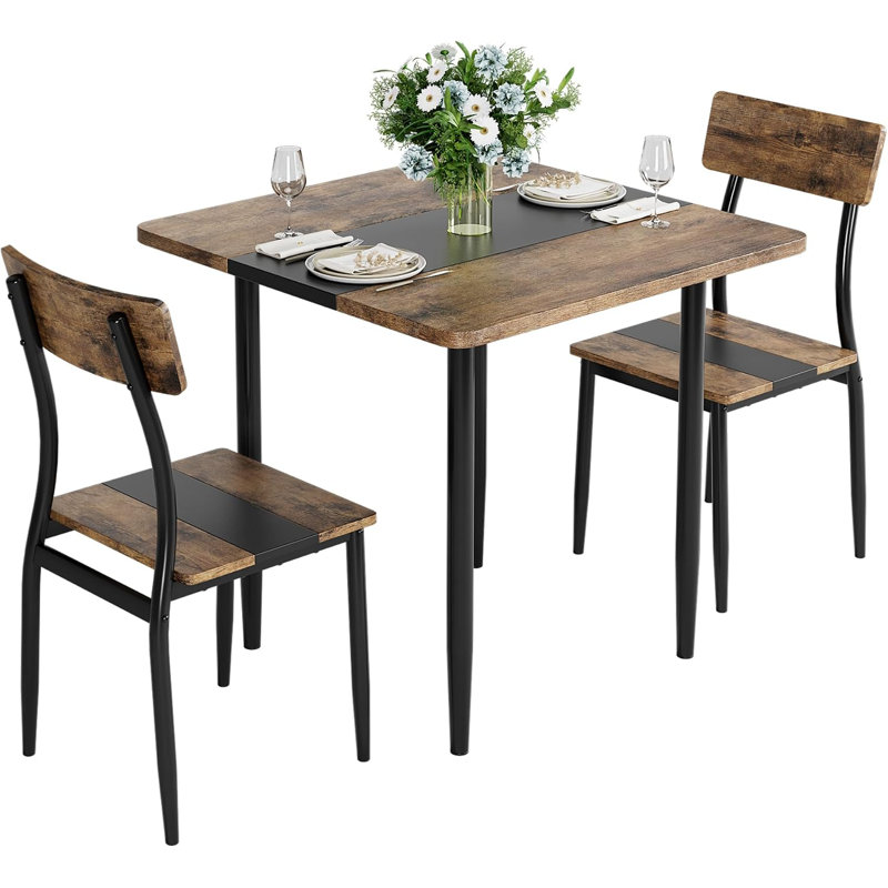 Ensemble table et chaises de salle à manger 3 pièces pour 2 personnes, structure en métal et plateau en MDF, plateau bicolore, brun et noir.