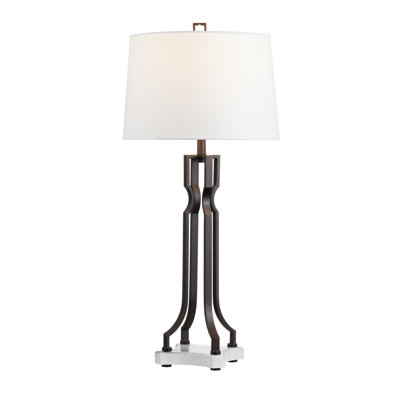 34"H Aged Bronze Metal And Marble Table Lamp With Linen Shade
