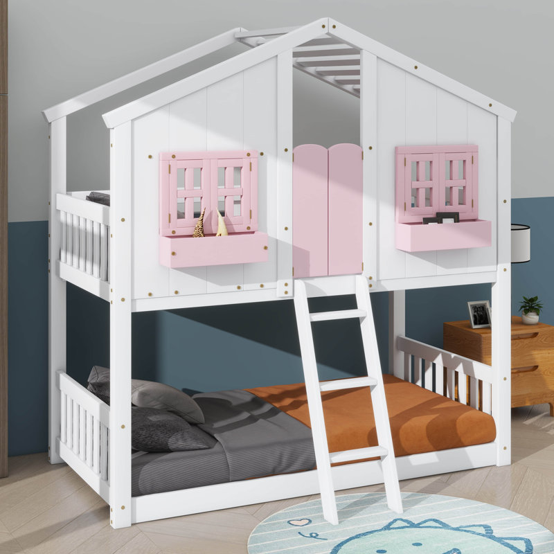 Twin-On-Twin House-Themed Bunk Bed Complete With Roof Window Door Safety Guardrails And Ladder, Pink/White