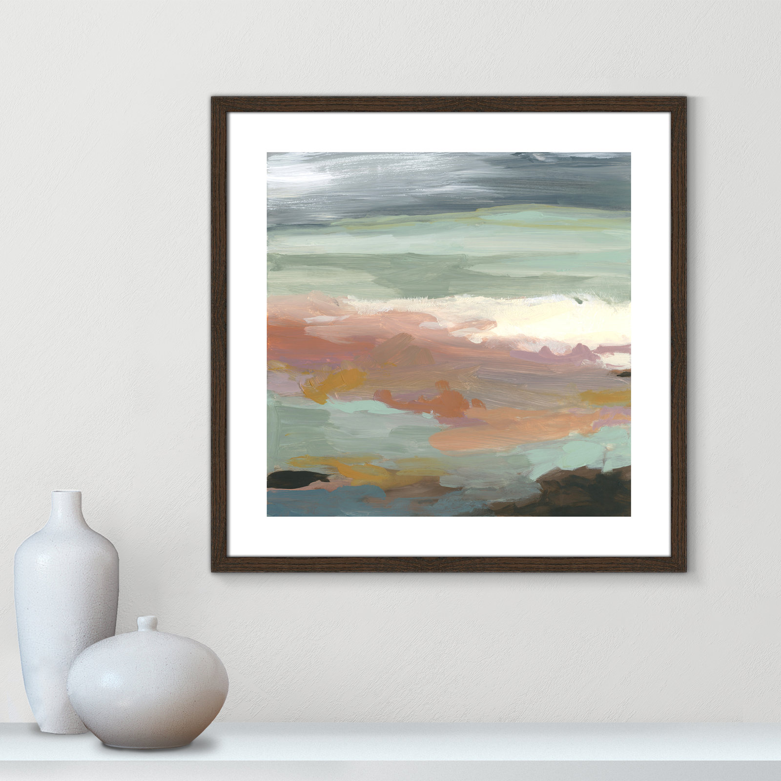 Bingham "Ocean Bluffs" Painting by Carol Robinson, 24.75" H x 24.75" W, Picture Framed Paper, Walnut Wood