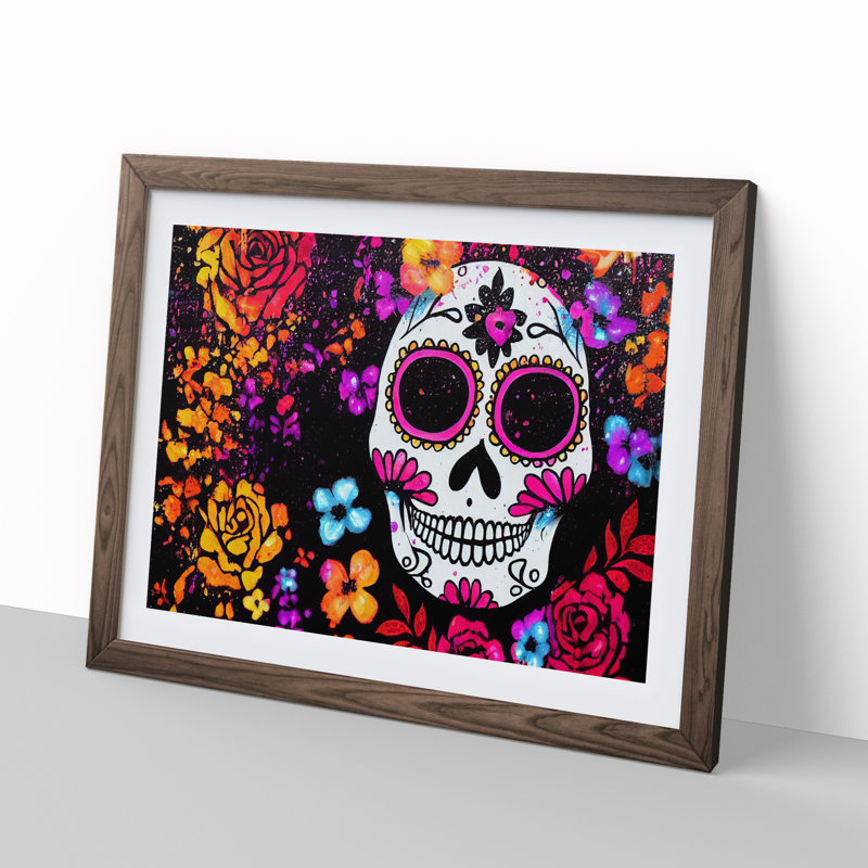XH1022-7087X Positive Floral Sugar Skull - Single Picture Frame Print, 34cm H x 46cm W x 2cm D, Walnut Framed
