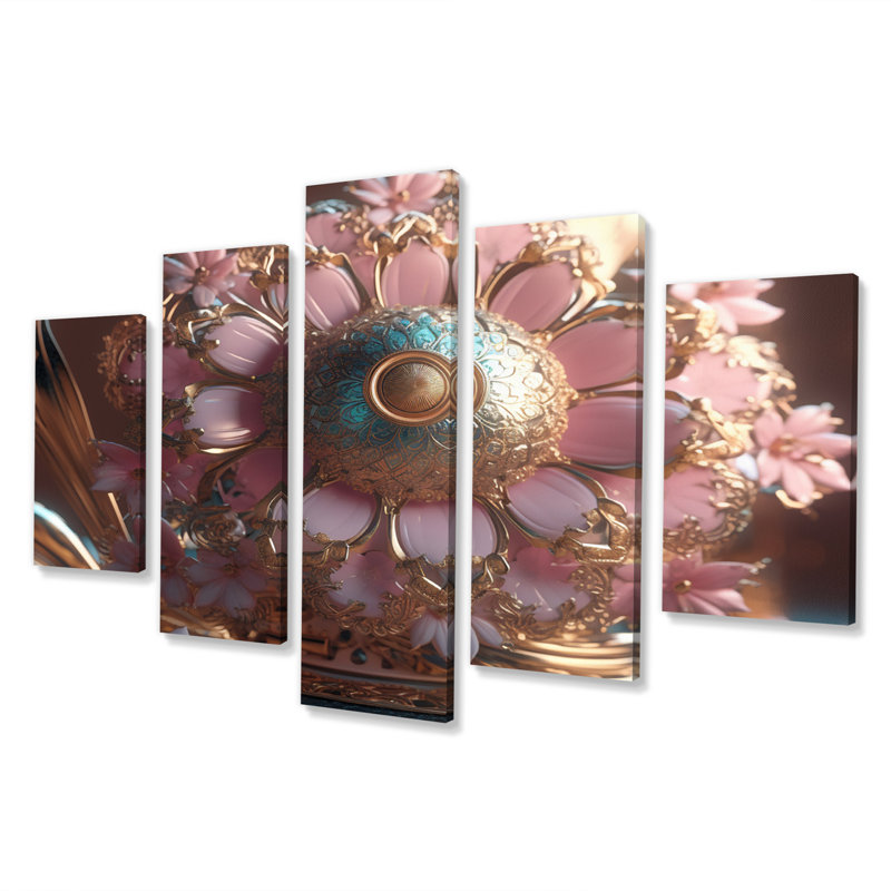 Fleur de lotus rose glamour avec noyau doré II - salon d'art mural Lotus - 5 panneaux