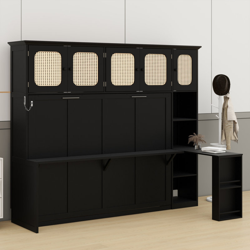 Lit escamotable avec bureau intégré et armoires de rangement en rotin, Noir