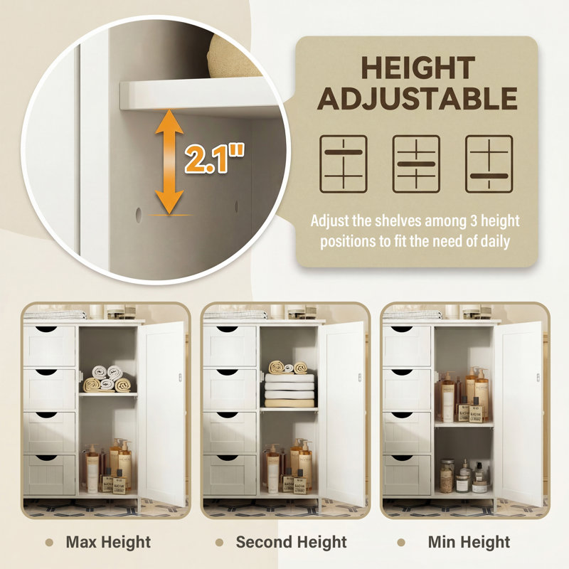 Eliazer Bathroom Floor Storage Cabinet, Bathroom Cabinet Freestanding, with 4 Drawers, Adjustable Shelf, White