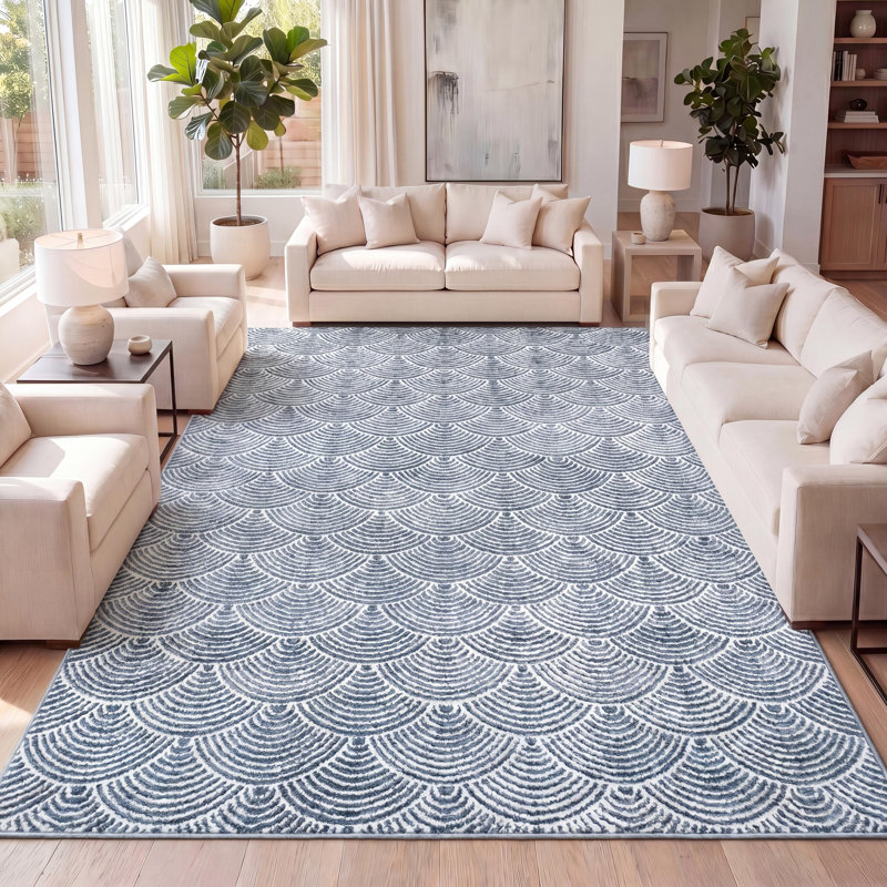 Tapis bleu marine / crème à motif géométrique Simsbury, Rectangle 7 pi 9 po x 10 pi