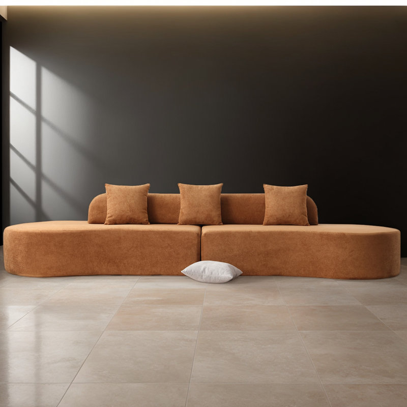 Canapé-lit moderne incurvé en tissu polyvalent avec trois coussins de 130,5 po de largeur Boneless, Brun