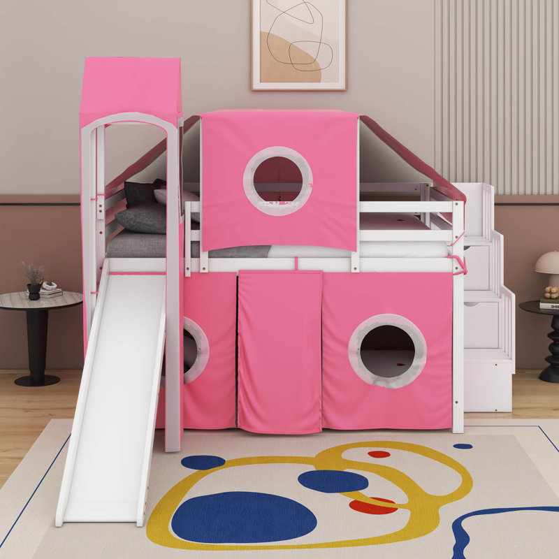 Lit mezzanine double avec tente et tour, Rose