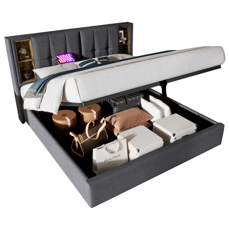 Upholstered Ottoman Storage Bed, Grey, Kingsize (5')